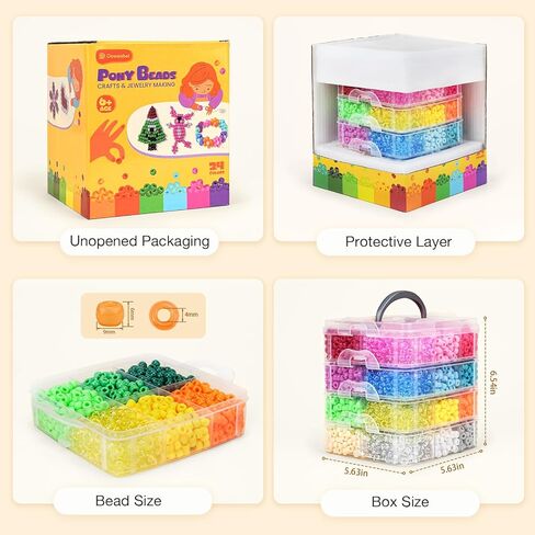Dowsabel 4800PCS Pony Beads Bulk, 24 Colors Kandi Beads 6x9mm Large Hole for Friendship Bracelets, Jewelry Making, Hair Braiding, DIY Art Craft Gifts - Shockproof Protective Gift Packaging in Kuwait
