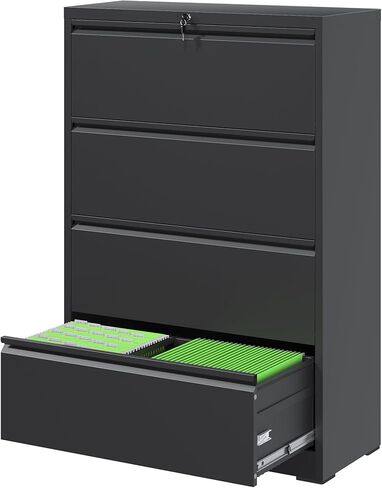 4 Drawer File Cabinets,Metal Office Storage Filing Cabinet with Lock,Black Lateral Filing Cabinet for Home Office,Horizontal Locking File Cabinet for Legal/Letter/A4,Assembly Require,Black in Kuwait