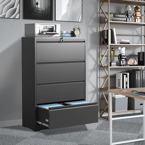 4 Drawer File Cabinets,Metal Office Storage Filing Cabinet with Lock,Black Lateral Filing Cabinet for Home Office,Horizontal Locking File Cabinet for Legal/Letter/A4,Assembly Require,Black in Kuwait