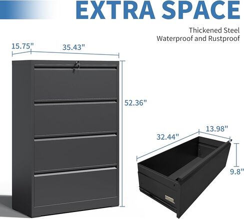 4 Drawer File Cabinets,Metal Office Storage Filing Cabinet with Lock,Black Lateral Filing Cabinet for Home Office,Horizontal Locking File Cabinet for Legal/Letter/A4,Assembly Require,Black in Kuwait