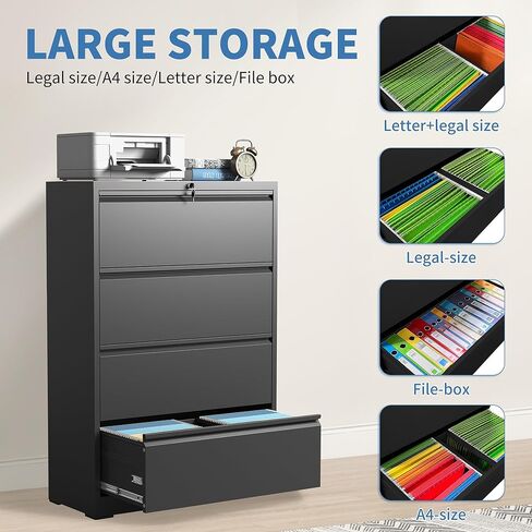 4 Drawer File Cabinets,Metal Office Storage Filing Cabinet with Lock,Black Lateral Filing Cabinet for Home Office,Horizontal Locking File Cabinet for Legal/Letter/A4,Assembly Require,Black in Kuwait