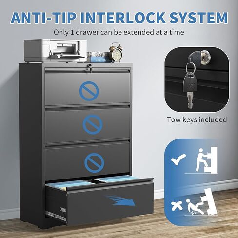 4 Drawer File Cabinets,Metal Office Storage Filing Cabinet with Lock,Black Lateral Filing Cabinet for Home Office,Horizontal Locking File Cabinet for Legal/Letter/A4,Assembly Require,Black in Kuwait