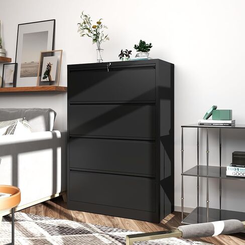 4 Drawer File Cabinets,Metal Office Storage Filing Cabinet with Lock,Black Lateral Filing Cabinet for Home Office,Horizontal Locking File Cabinet for Legal/Letter/A4,Assembly Require,Black in Kuwait
