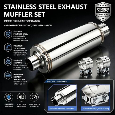 4" Inlet Diesel Muffler Exhaust with Clamp, Straight Through Stainless Steel, 7" x 24" Body, 30" OAL, Clamp-On Installation, No Welding Required in Saudi Arabia