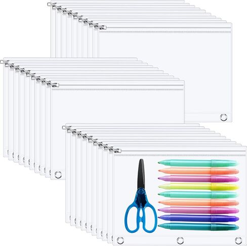 Lincia 20 Pack Clear Pencil Pouch for 3 Ring Binder Zippered 3 Ring Binder Pocket Inserts Bag Pencil Case 10 x 7'' Visible Cash Envelope with Re-enforced Grommet for College Office in Kuwait