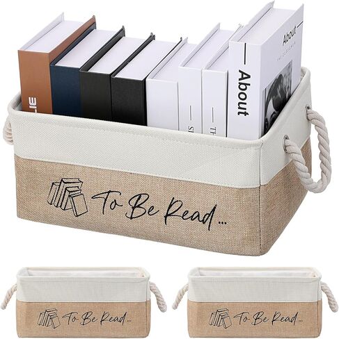 2 Pcs to Be Read Book Basket Set, Linen Fabric Book Storage Basket with Rope Handles & Metal Frame, Decorative Baskets for Books, TBR Organizer Bin for Home Office & Library (Gray) in Saudi Arabia