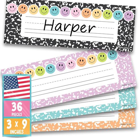 Hadley Designs Desk Name Tags for Classroom - 36 Student Desk Name Plates for Classroom Decor, 9x3 Smiley Nametags Cubby Labels Teacher Supplies, 1st 2nd 3rd Grade Kindergarten Preschool Must Haves in Kuwait