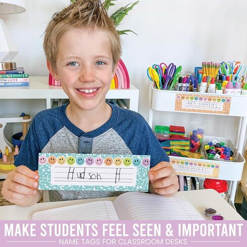 Hadley Designs Desk Name Tags for Classroom - 36 Student Desk Name Plates for Classroom Decor, 9x3 Smiley Nametags Cubby Labels Teacher Supplies, 1st 2nd 3rd Grade Kindergarten Preschool Must Haves in Kuwait