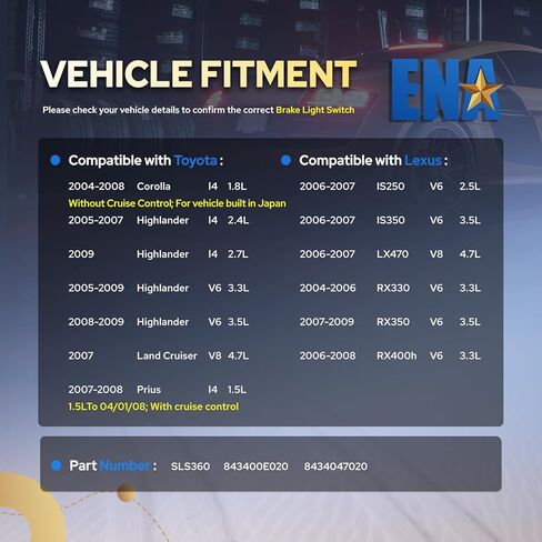 مفتاح ضوء الفرامل ENA متوافق مع Toyota Lexus Corolla Highlander Prius Land Cruiser RX330 RX350 RX400h IS250 IS350 2.4L 2.5L 2.7L 3.3L 3.5L 4.7L L4 V6 V8 2004-2009 يستبدل SLS360 ث/4 دبابيس in Kuwait