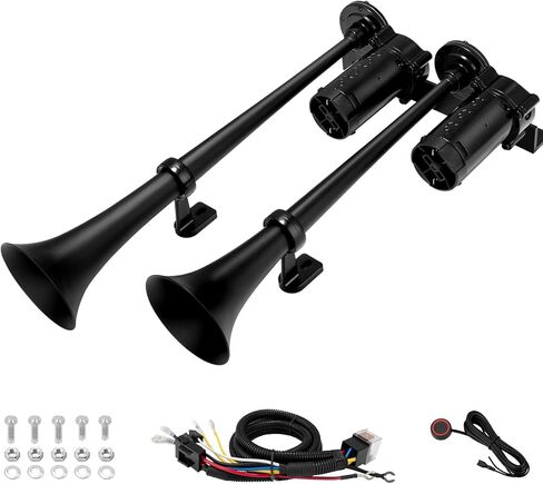 Car Horn 12V Air Horns for Truck Universal Super Loud Dual Trumpets With Compressor Air Horn kit for Any 12V Vehicles Pickup SUV Truck Boat Black in Kuwait