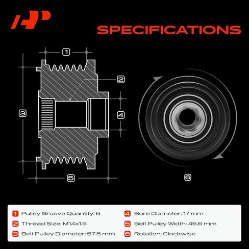 A-Premium Alternator Freewheel Clutch Pulley, 6 Grooves, Compatible with Jeep Grand Cherokee 2003, Wrangler 2003-2006, Liberty 2002-2006, TJ 2003/2005-2006 & Dodge Dakota 2003-2004, Clockwise in Kuwait