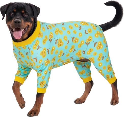 LovinPet Pitbull Pajamas Large - Pet Anxiety Relief, Sun Protection Dog Pajamas, Comfy Stretchy Fabric, Mint Flower Print, Big Dog Post Surgery Recovery Shirt, Large Breed Apparel,Yellow L in Saudi Arabia