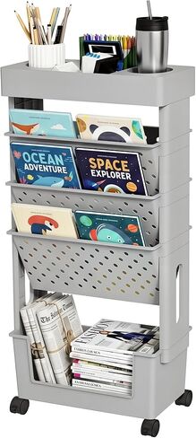 5-Tier Mobile Bookshelf, Rolling Bookcase Book Storage Rack, Movable File Folder Organizer Cart with Wheels for Home Study Office Living Room Classroom, White in Saudi Arabia