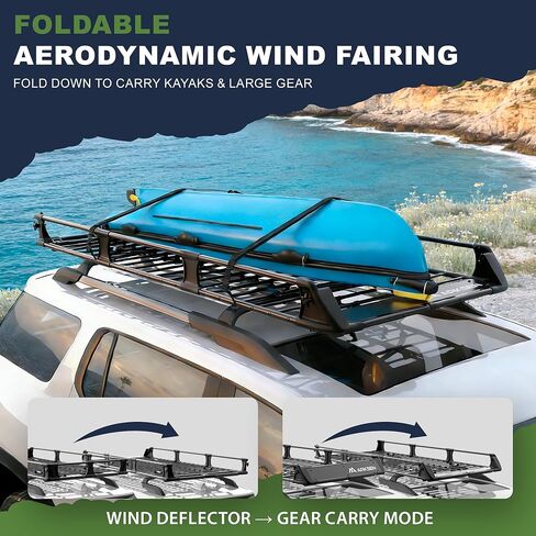 ARKSEN 2-in-1 Foldable Fairing Roof Rack Cargo Basket (Deflector & Flat Mode), 82" x 39" Heavy Duty Steel Rooftop Carrier, 250 lbs Max Load, Fits SUV Truck Pickup for Kayaks, Canoes & Luggage in Kuwait