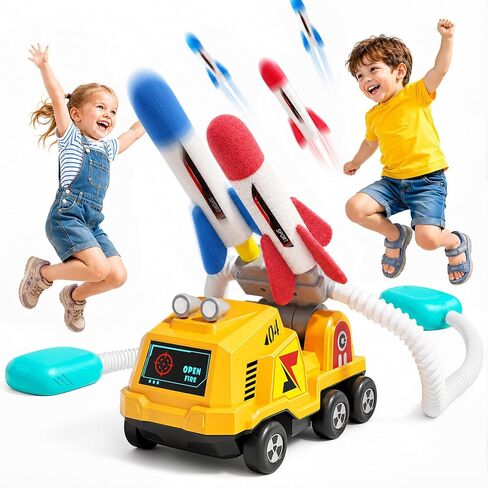 VLQ Dueling Construction Vehicle Rocket Launcher for Kids, Adjustable Angle Launch Pad, with 8 Foam Rockets Toy Set, 100ft Range, Indoor Outdoor Backyard Game Gift for Age 3-12 in Kuwait