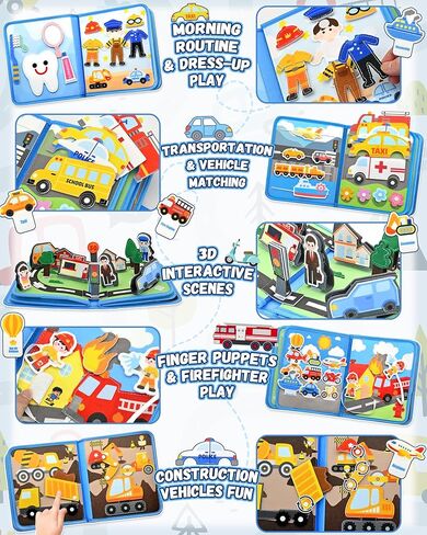 Vehicles Educational Book for Toddlers 1–3, Montessori Quiet Activity & Learning Book with Cars, Trucks & Firefighters, Educational Toy for Early Learning, Travel Toy for Car & Airplane Trips in Kuwait