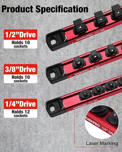 WORKPRO Magnetic Socket Organizer, 1/4" Drive Aluminum Alloy Socket Holder with 12PC Removable Socket Clips for Quick Customization, Socket Rail for Tool Box Drawer (Sockets Not Included) in Kuwait