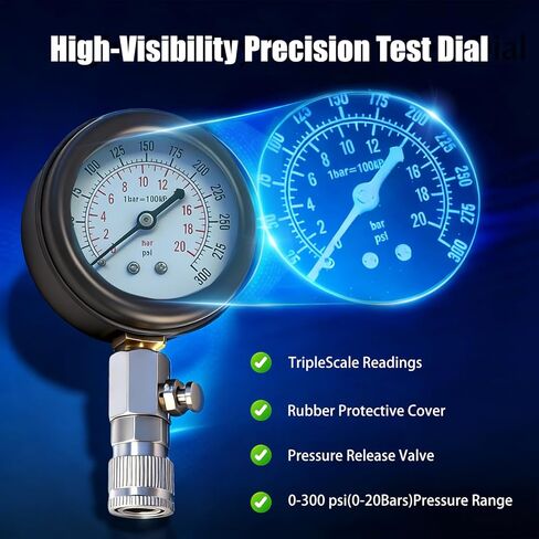 Upgraded Compression Tester & Spark Plug Tester Kit, 0-300 PSI Gauge for Gasoline/Diesel Engines, with Adapters, Hoses & Sturdy Case for Automotive Use in Kuwait