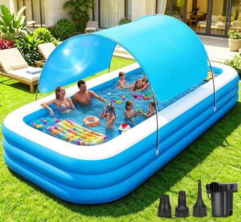 Extra Large Inflatable Pool with Canopy Pump, 145" x 74" x 22" Large Blow Up Pool for Adults Family, Full Size Inflatable Swimming Pool with Big Shade for Backyard Outdoor in Kuwait