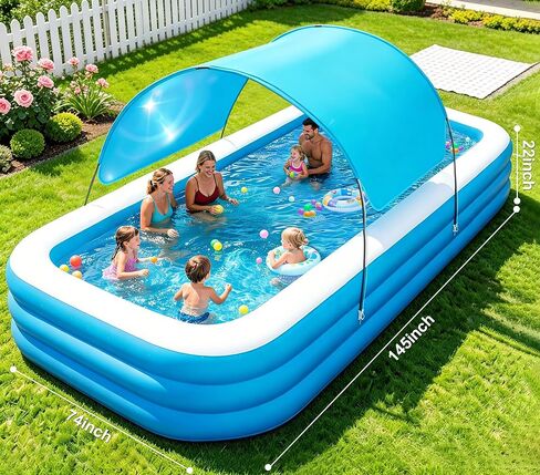 Extra Large Inflatable Pool with Canopy Pump, 145" x 74" x 22" Large Blow Up Pool for Adults Family, Full Size Inflatable Swimming Pool with Big Shade for Backyard Outdoor in Kuwait