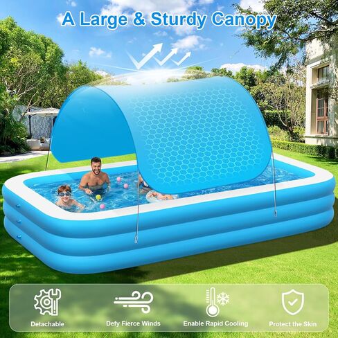 Extra Large Inflatable Pool with Canopy Pump, 145" x 74" x 22" Large Blow Up Pool for Adults Family, Full Size Inflatable Swimming Pool with Big Shade for Backyard Outdoor in Kuwait