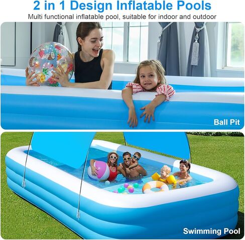 Extra Large Inflatable Pool with Canopy Pump, 145" x 74" x 22" Large Blow Up Pool for Adults Family, Full Size Inflatable Swimming Pool with Big Shade for Backyard Outdoor in Kuwait