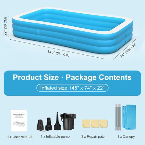 Extra Large Inflatable Pool with Canopy Pump, 145" x 74" x 22" Large Blow Up Pool for Adults Family, Full Size Inflatable Swimming Pool with Big Shade for Backyard Outdoor in Kuwait