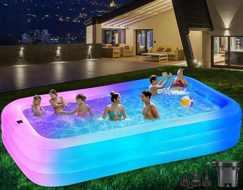 Large Solar Inflatable Pool with Lights, 130"x72"x22", Oversized Thickened Blow Up Pool with Pump, 7 Color Changed Family Swimming Pool for Backyard, Outdoor in Kuwait