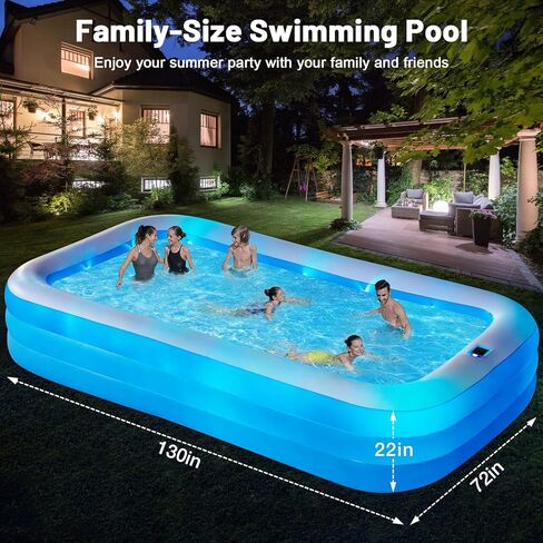 Large Solar Inflatable Pool with Lights, 130"x72"x22", Oversized Thickened Blow Up Pool with Pump, 7 Color Changed Family Swimming Pool for Backyard, Outdoor in Kuwait