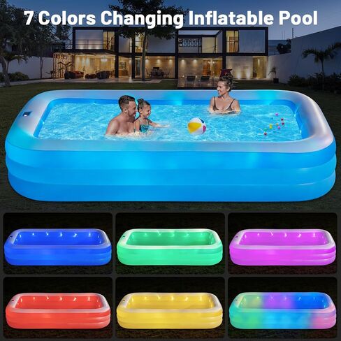 Large Solar Inflatable Pool with Lights, 130"x72"x22", Oversized Thickened Blow Up Pool with Pump, 7 Color Changed Family Swimming Pool for Backyard, Outdoor in Kuwait