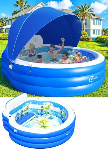 2026 Extra Large Upgraded Inflatable Pool with Canopy,Inflatable Family Lounge Pool,Round Blow Up Pool for Adult with Bench&Backrest,Swim Center Easy Backyard Pools for Kids & Adults90*90"*80" in Kuwait