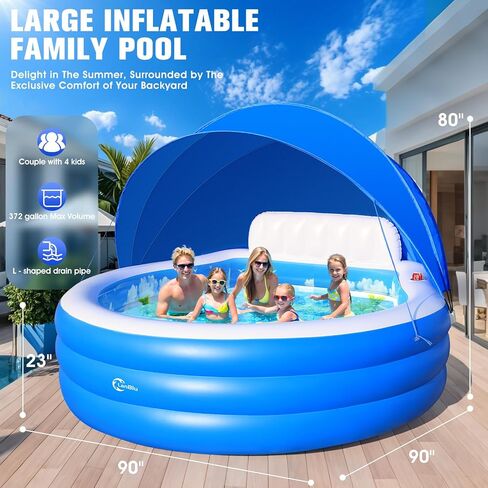 2026 Extra Large Upgraded Inflatable Pool with Canopy,Inflatable Family Lounge Pool,Round Blow Up Pool for Adult with Bench&Backrest,Swim Center Easy Backyard Pools for Kids & Adults90*90"*80" in Kuwait