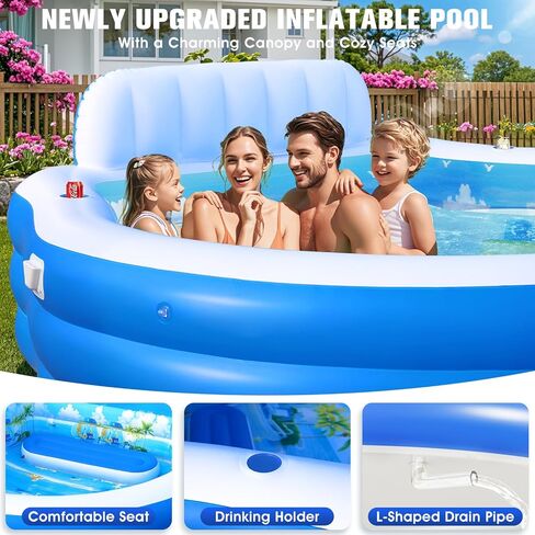 2026 Extra Large Upgraded Inflatable Pool with Canopy,Inflatable Family Lounge Pool,Round Blow Up Pool for Adult with Bench&Backrest,Swim Center Easy Backyard Pools for Kids & Adults90*90"*80" in Kuwait