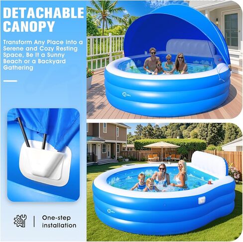 2026 Extra Large Upgraded Inflatable Pool with Canopy,Inflatable Family Lounge Pool,Round Blow Up Pool for Adult with Bench&Backrest,Swim Center Easy Backyard Pools for Kids & Adults90*90"*80" in Kuwait