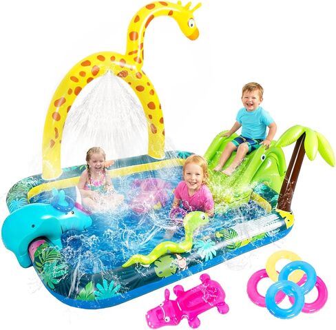 Inflatable Jungle Animal Play Center, Inflatable Water Park Kiddie Pool with Slide, Water Sprayer for Summer Outdoor Splash, Backyard and Garden 102.5" x75" x 54.5" in Kuwait