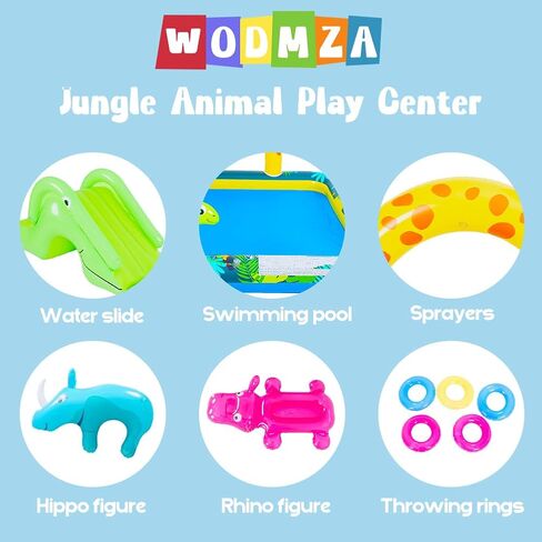 Inflatable Jungle Animal Play Center, Inflatable Water Park Kiddie Pool with Slide, Water Sprayer for Summer Outdoor Splash, Backyard and Garden 102.5" x75" x 54.5" in Kuwait