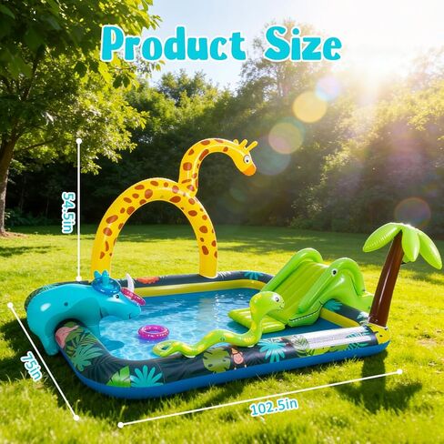 Inflatable Jungle Animal Play Center, Inflatable Water Park Kiddie Pool with Slide, Water Sprayer for Summer Outdoor Splash, Backyard and Garden 102.5" x75" x 54.5" in Kuwait