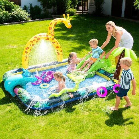 Inflatable Jungle Animal Play Center, Inflatable Water Park Kiddie Pool with Slide, Water Sprayer for Summer Outdoor Splash, Backyard and Garden 102.5" x75" x 54.5" in Kuwait