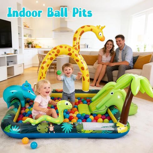 Inflatable Jungle Animal Play Center, Inflatable Water Park Kiddie Pool with Slide, Water Sprayer for Summer Outdoor Splash, Backyard and Garden 102.5" x75" x 54.5" in Kuwait