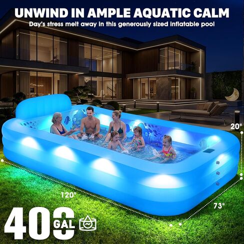 Extra Large Inflatable Pool with Lights,Upgraded Solar Powered Blow Up Pool for Adults,Inflatable Kids Swimming Pool with Seat& Backrest,Big Inflatable Kids Pool for Backyard,120x73x20IN in Kuwait
