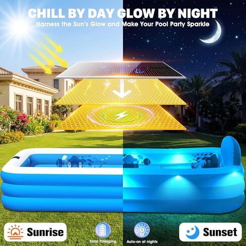Extra Large Inflatable Pool with Lights,Upgraded Solar Powered Blow Up Pool for Adults,Inflatable Kids Swimming Pool with Seat& Backrest,Big Inflatable Kids Pool for Backyard,120x73x20IN in Kuwait