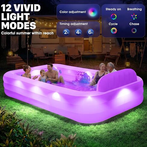 Extra Large Inflatable Pool with Lights,Upgraded Solar Powered Blow Up Pool for Adults,Inflatable Kids Swimming Pool with Seat& Backrest,Big Inflatable Kids Pool for Backyard,120x73x20IN in Kuwait