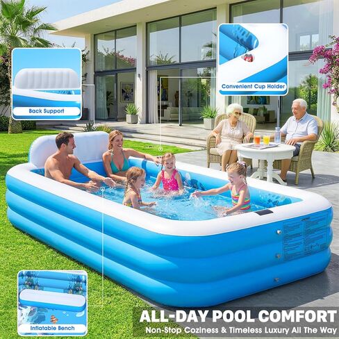 Extra Large Inflatable Pool with Lights,Upgraded Solar Powered Blow Up Pool for Adults,Inflatable Kids Swimming Pool with Seat& Backrest,Big Inflatable Kids Pool for Backyard,120x73x20IN in Kuwait