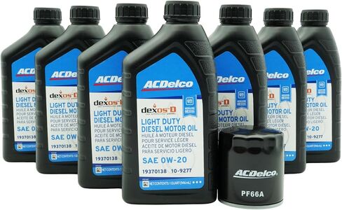 مجموعة زيت محرك الديزل ACDelco dexosD SAE 0W-20 للخدمة الخفيفة مع فلتر زيت ACDelco PF66A لمحركات الديزل Duramax سعة 3.0 لتر | 8 عناصر: 7 من 10-9277 (19370138) + 1 من PF66A (19458926) in Kuwait