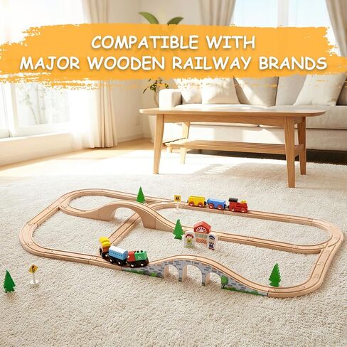SainSmart Jr. 9 Pcs Wooden Train Track Expansion with Bridge, Wood Train Track Pieces Compatible with Thomas, Brio, Chuggington – Sturdy Hardwood for Long-Lasting Play, Ideal Gift for Kids 3-7 in Kuwait