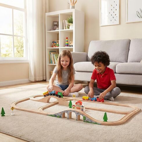 SainSmart Jr. 9 Pcs Wooden Train Track Expansion with Bridge, Wood Train Track Pieces Compatible with Thomas, Brio, Chuggington – Sturdy Hardwood for Long-Lasting Play, Ideal Gift for Kids 3-7 in Kuwait