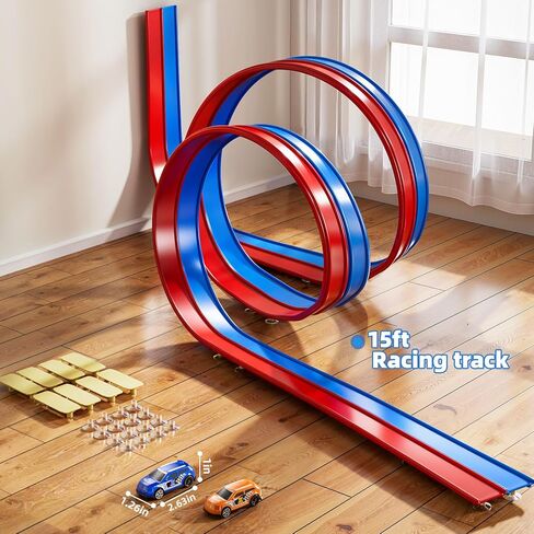 15 Ft Flexible Race Track Set for Kids 3 4 5 6 7 8 Years Old, Race Car Ramp Track with 2 Small Cars, Portable Car Track for Toddlers 3-8, Birthday Gifts for Boys Girls Ages 3+ in Kuwait