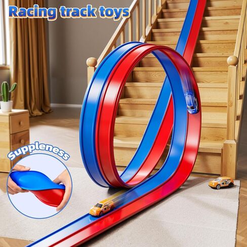 15 Ft Flexible Race Track Set for Kids 3 4 5 6 7 8 Years Old, Race Car Ramp Track with 2 Small Cars, Portable Car Track for Toddlers 3-8, Birthday Gifts for Boys Girls Ages 3+ in Kuwait