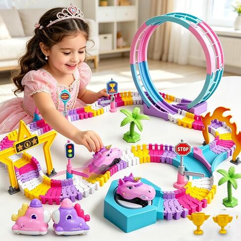 يونيكورن تويز مسارات سباق السيارات للأطفال، لعبة مسارات سباق السيارات السحرية المرنة 360 درجة مع 3 مركبات، ألعاب الأطفال الصغار هدايا عيد ميلاد للفتيات بعمر 3 4 5 6 7 سنوات in Kuwait