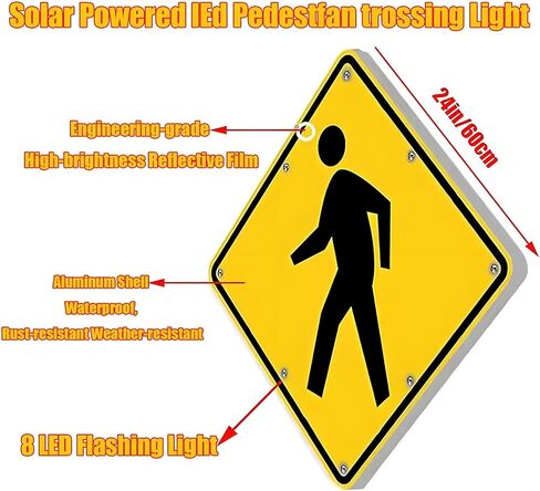 Flashing Solar LED Pedestrian Crossing Sign - Durable Aluminum Traffic Warning Sign, IP65 Waterproof Road Safety Indicator for Streets and Crosswalks in Kuwait